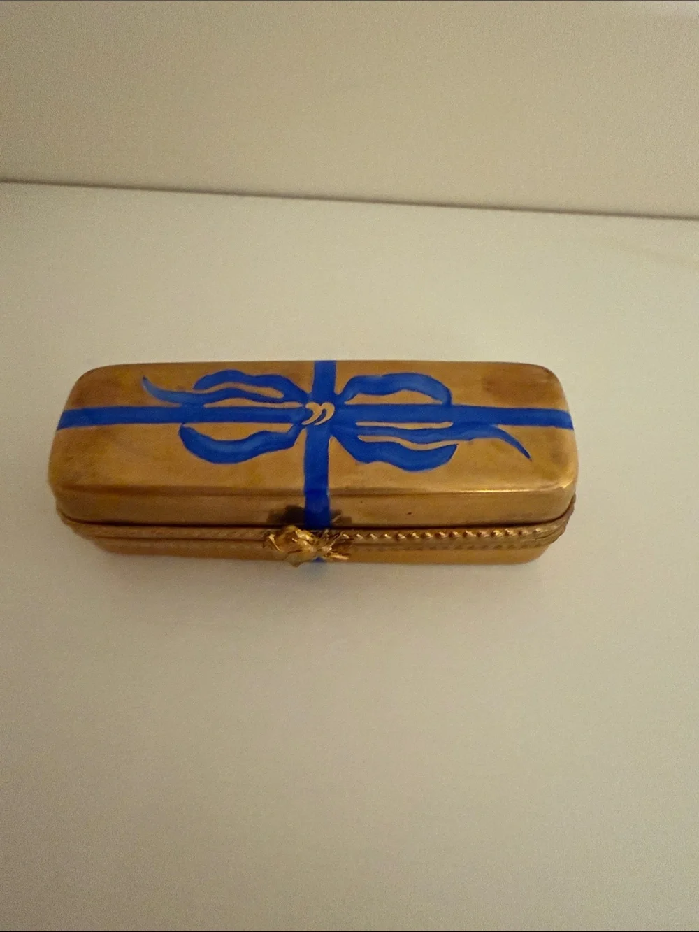 Limoges Gold Trinket Case with Blue Ribbon Design